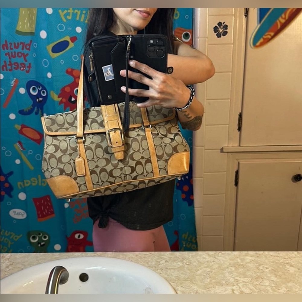 Coach Signature Canvas Bag & matching wallet.. with Tan Leather NICE!
